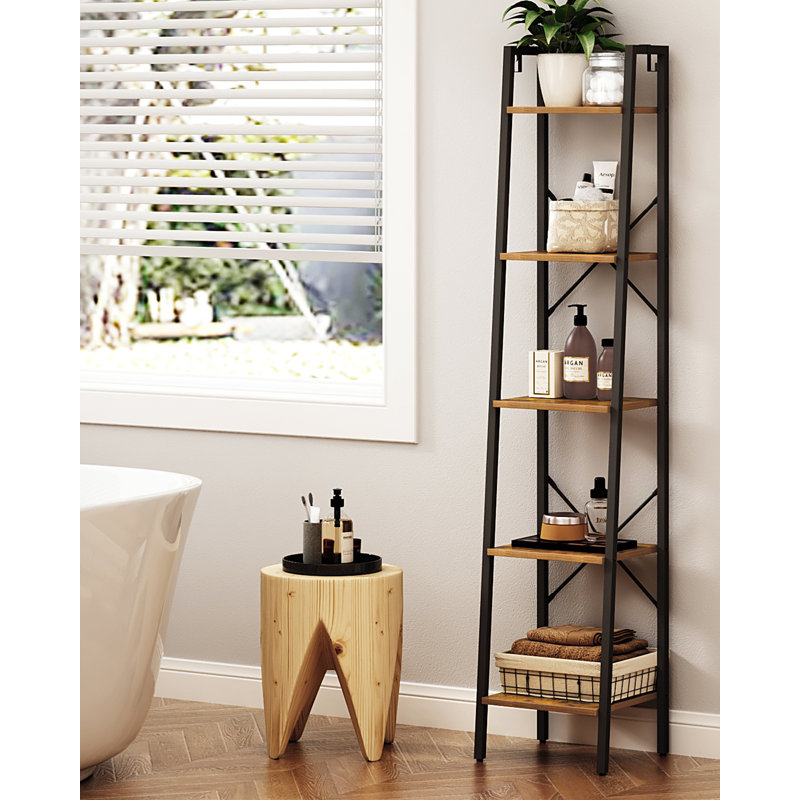 Ladder Shelf Bookshelf Freestanding Corner Storage Shelve with 2 Hooks for Living Room Kitchen Beige 5 Shelves 62.4 H x 13.4 W x 11.81 D